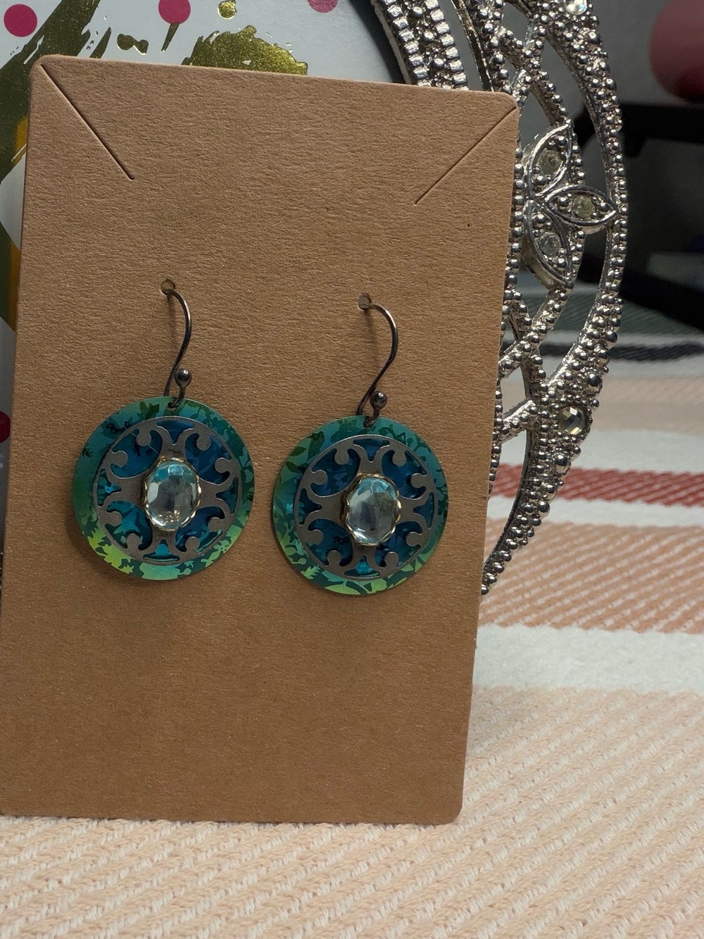 Boho Verdigris Patina Filigree Disc Drop Earrings Turquoise Crystal EUC